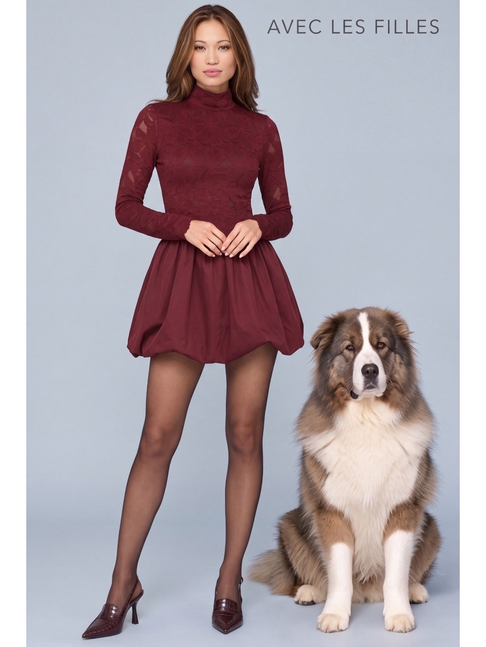 Avec Les Filles Mock Neck Bubble Hem Mini Dress Burgundy NWT Size 4